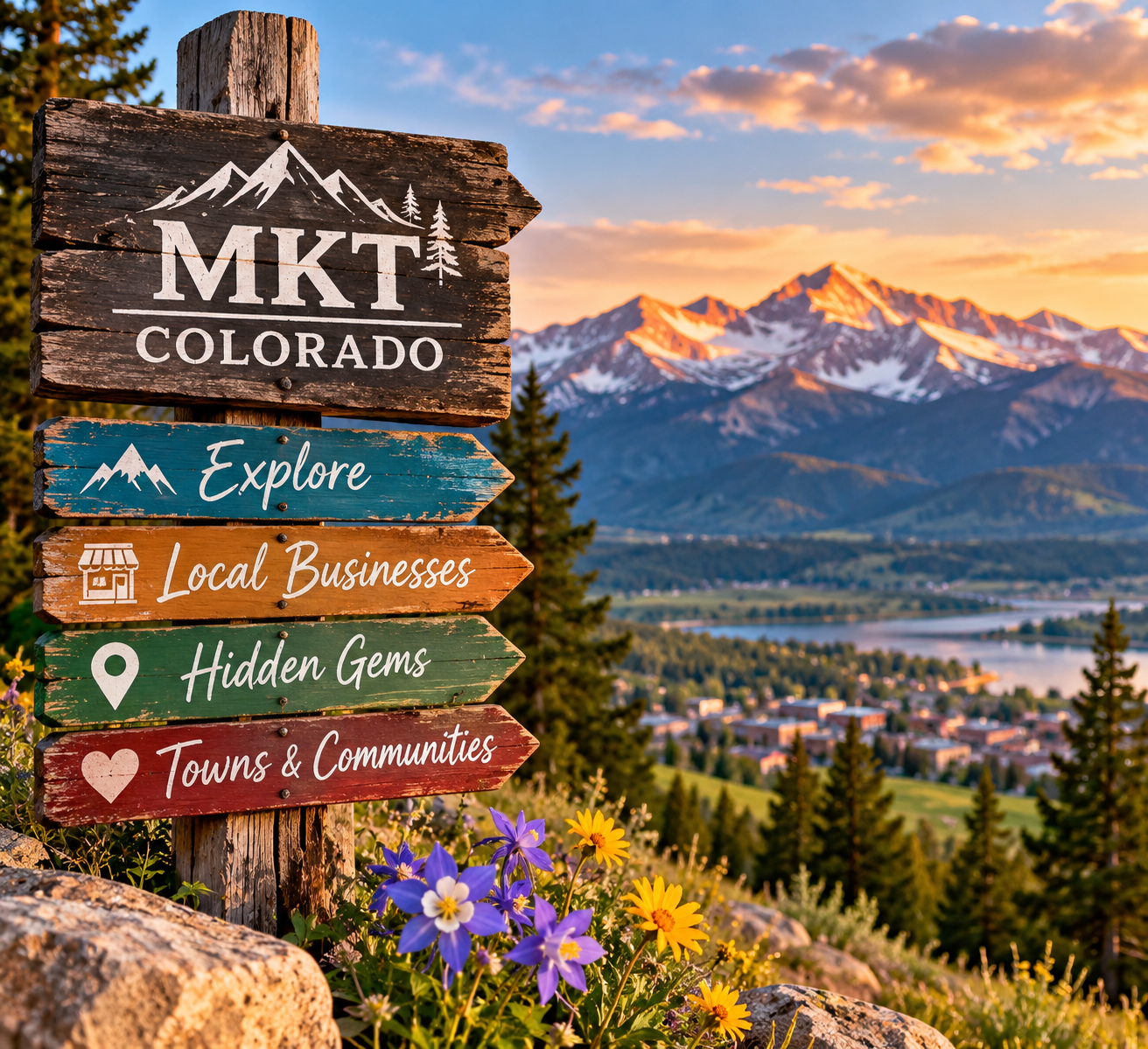 MKT Colorado signpost overlooking a Colorado mountain community